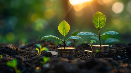 Young green plants growing on stacked coins in soil, symbolizing investment and financial growth in a natural setting.