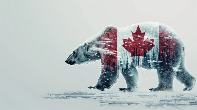 Canadian white polar bear with Canada national flag