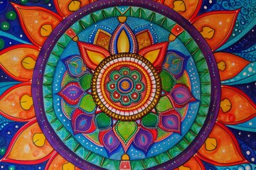 This photo captures a painting of a strikingly colorful flower, showcasing a vibrant burst of colors, A colorful and vibrant mandala with yoga symbols, AI Generated