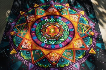 A vibrant painting of a flower with a multitude of colors displayed on a sleek black surface, A colorful and vibrant mandala with yoga symbols, AI Generated
