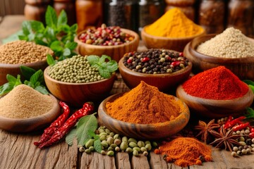 Various spices are neatly arranged in wooden bowls on a table, creating an enticing display, A colorful display of various Indian spices on a wooden table, AI Generated