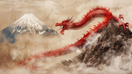 Red dragon flying on mountain - obrazy, fototapety, plakaty