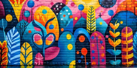 Vibrant street art display features colorful urban mural on brick wall. Concept Street Art, Vibrant Display, Urban Mural, Colorful Brick Wall, Urban Culture