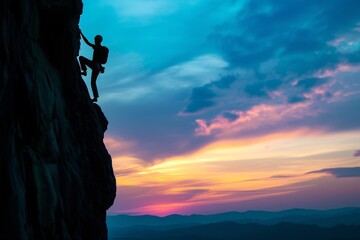 A Man Climbing up the Side of a Mountain at Sunset, A colorful sunset over a tall, challenging cliff-face with a lone climber silhouetted against the sky, AI Generated - obrazy, fototapety, plakaty