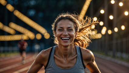 Donna sorride mentre fa sport, corre su una pista da atletica leggera - obrazy, fototapety, plakaty
