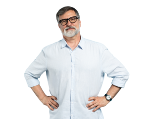 Bearded middle-aged man wearing glasses posing over transparent background