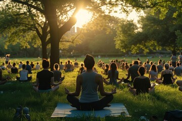 A diverse group of individuals sitting in a grassy area engaging in a yoga session, A communal outdoor yoga class in a city park, AI Generated - obrazy, fototapety, plakaty