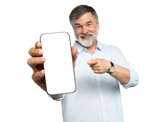 Handsome Excited Mature Man Showing Pointing At Empty Smartphone Screen Posing Over transparent Background, Smiling To Camera. Check This Out, Cellphone Display Mock Up