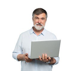 Studio portrait of mature man standing holding laptop and looking at camera with happy smile, isolated on transparent