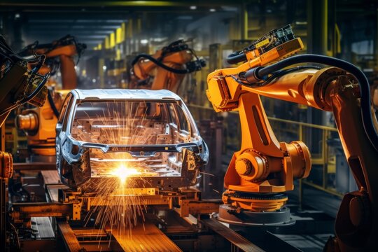 Futuristic Scene. Advanced Electric Vehicle Assembly Line At State Of The Art Automotive Plant