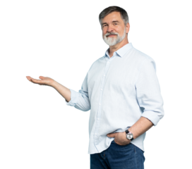 mid aged business man presenting something in the back while holding a hand in his pocket and smiling for the camera on transparent