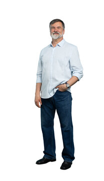 Portrait of happy casual older man smiling, Mid adult, mature age male with gray hair, Isolated on transparent background