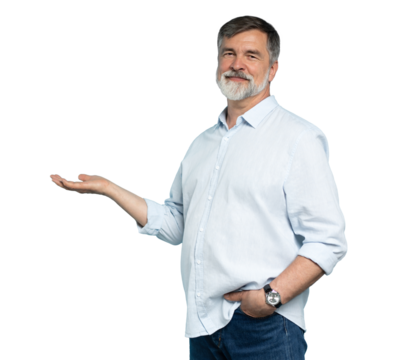 mid aged business man presenting something in the back while holding a hand in his pocket and smiling for the camera on transparent