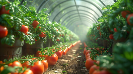 Abundant Greenhouse With Red and Green Tomatoes - obrazy, fototapety, plakaty