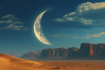 A desert landscape with a clear night sky featuring a visible half moon, A crescent moon over a tranquil desert, AI Generated - obrazy, fototapety, plakaty