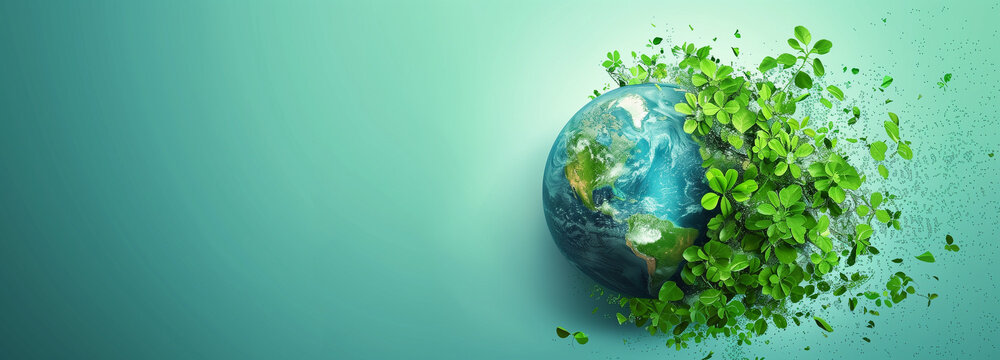 World environment day, earth day and ecology concept, background with globe and plant seed growing on the planet, banner template, large copy space for text