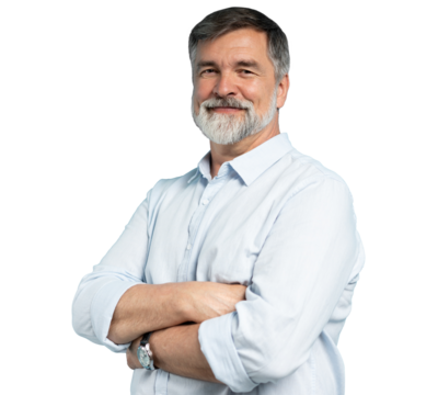Portrait of happy casual older man smiling, Mid adult, mature age male with gray hair, Isolated on transparent background, copy space