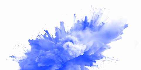 Blue holi paint color powder. Abstract blue dust explosion on white background. Blue holi paint color powder festival explosion burst isolated white background. Blue vibrant rainbow Holi paint color.	