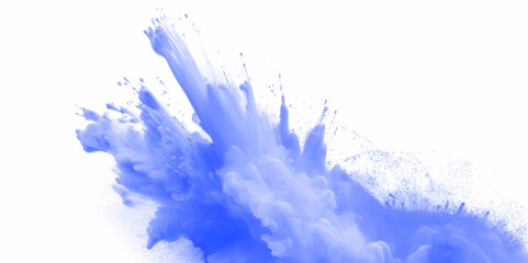 Blue holi paint color powder. Abstract blue dust explosion on white background. Blue holi paint color powder festival explosion burst isolated white background. Blue vibrant rainbow Holi paint color.	 - obrazy, fototapety, plakaty