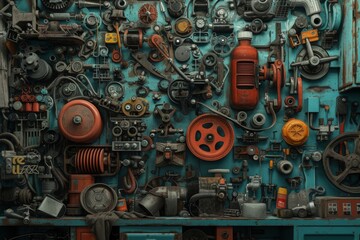 This close-up photo showcases a complex machine with numerous interconnected parts and components, A depiction of a plethora of auto parts in a mechanic's garage, AI Generated