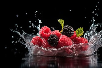 Ripe and vibrant wild berries gently cascading into a clear glass bowl filled with refreshing water