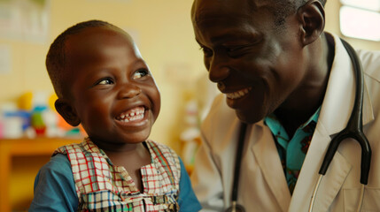 An African boy engages with an African doctor, both showing warm smiles in a potentially medical setting