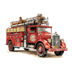 Vintage fire engine parked outside a fire station. Cl
