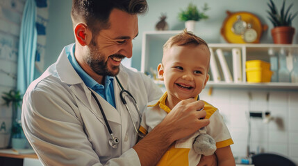 A joyful child dressed in yellow shares laughter with a playful doctor, creating a delightful medical environment