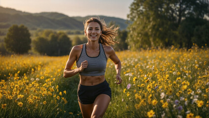 Donna sorride mentre fa sport, corre in mezzo alla natura in vestiti da corsa - obrazy, fototapety, plakaty