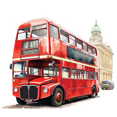 Vintage red London double-decker bus driving through - obrazy, fototapety, plakaty