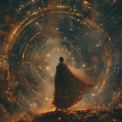 A person stands in front of a glowing, swirling vortex - obrazy, fototapety, plakaty