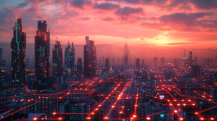 A city skyline with a red and orange sunset in the background