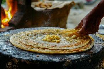 A person is seen preparing food on top of a stone slab in a focused and efficient manner, A Dosa being spread out on a hot tawa with potato filling, AI Generated