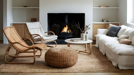 Wicker armchair, pouf, and white sofa near fireplace. Cozy Scandinavian interior of modern living space.

