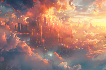 An abstract representation of a new city in heaven, symbolizing paradise and the afterlife, with a strong association to Christianity and spirituality.