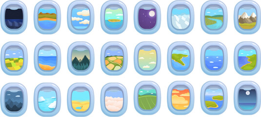 Airplane window view icons set cartoon vector. Travel air touristic. Trip worldwide