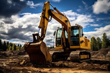 Fototapeta na wymiar Heavy excavator machine digging up soil underneath the clear blue sky on a sunny day