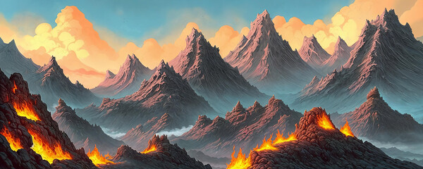 Dragons lair. Rugged grandeur of towering mountains, fierce crags, and treacherous cliffs. - obrazy, fototapety, plakaty