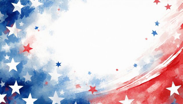 Festive background with red and blue watercolor stars on a white backdrop, perfect for Memorial Day or the 4th of July.