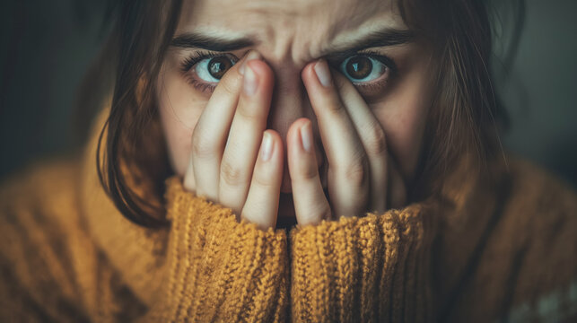 Woman covers her face in fear and shock.