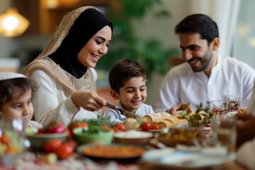 A family of multiple generations sitting together at a table, engaged in conversation and sharing a meal, A family sharing laughter at a Ramadan table, AI Generated