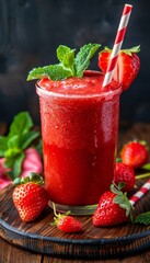 Selective focus on refreshing strawberry smoothie for detox diet and healthy vegetarian eating