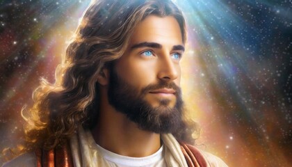 A radiant depiction of Jesus with a gentle gaze, bathed in celestial light among the stars, symbolizing hope and divine presence.