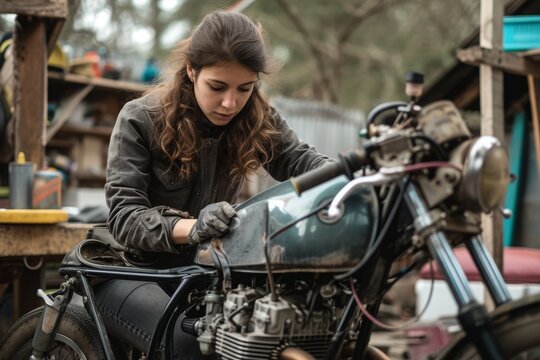 A woman diligently working on a motorcycle in a well-equipped garage, A female mechanic repairing a motorcycle in an outdoor backdrop, AI Generated