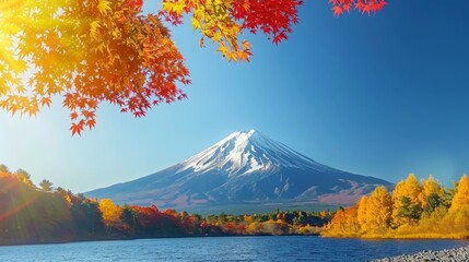 Snow capped mtfuji  tokyo s tallest volcano with autumn red trees, perfect backdrop for wallpapers - obrazy, fototapety, plakaty
