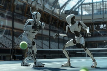 Two robotic tennis players engage in a competitive match on a tennis court, showcasing precision and agility, A futuristic interpretation of a tennis match, with robots as players, AI Generated - obrazy, fototapety, plakaty