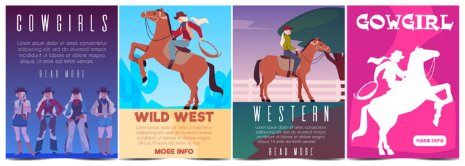 Cowgirls riding on horse at a Rodeo, American western ranger women vector vintage posters set, ladies in wild west style