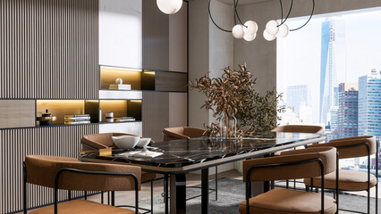 3d rendering modern dining room dining table interior decoration