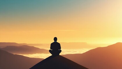 Silhouette of a man meditating in a lotus position at sunrise in the mountains, symbolizing peace and spirituality. - obrazy, fototapety, plakaty