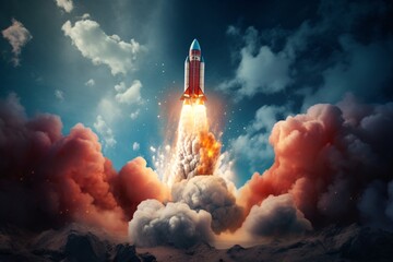 a rocket taking off from the ground - obrazy, fototapety, plakaty